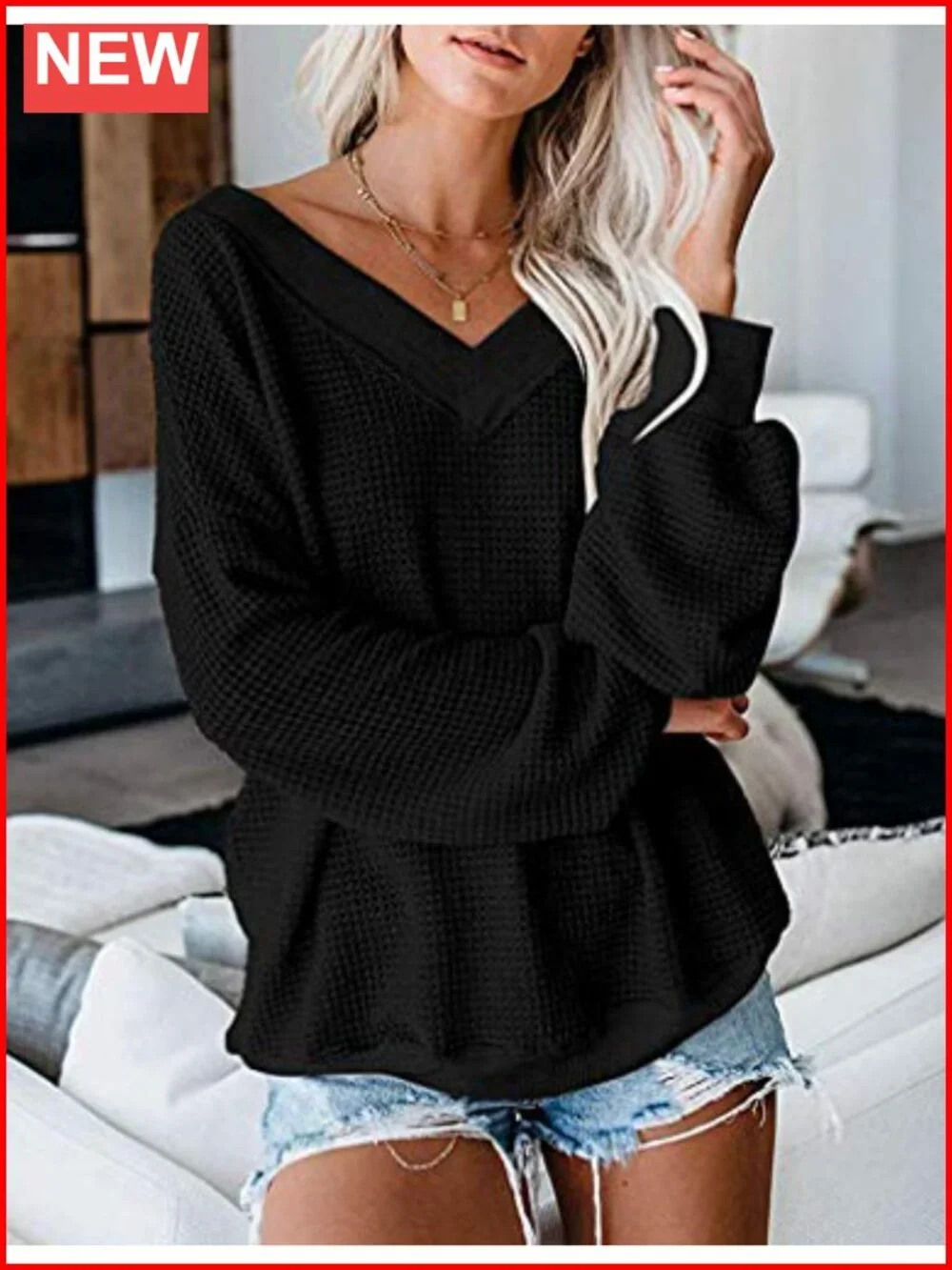 Waffle Knit Off Shoulder V Neck Long Sleeve Pullover Sweater